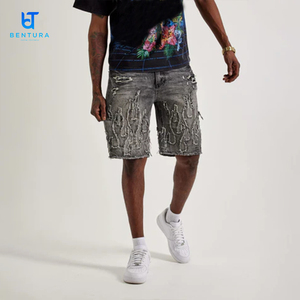 Shorts en <span class=keywords><strong>Jean</strong></span> Baggy pour Homme, Personnalisés par le Fabricant, avec Broderie, Imprimés, Patchwork, Denim Délavé, Effet Vieilli et Ourlet Brut - Product Image 3