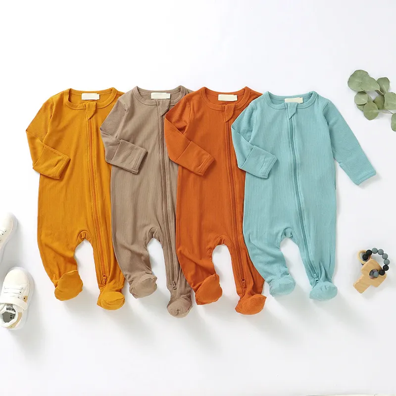 Bio Bambus gerippt Stram pler Großhandel gestrickt Baby Stram pler anpassen Neugeborene Onesies mit Füßen Baby kleidung Baby Schlaf anzüge