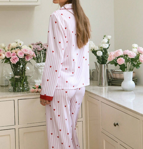 Pijama de algodón personalizado de manga larga con estampado de corazones, conjunto de pijama de bambú a rayas, ropa de dormir cómoda y relajante - Product Image 2