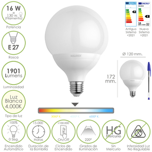E27 Screw-in Globe LED <b>Bulb</b>. 16 Watts. Equivalent to 130 Watts. 1901 Lumens. Cool <b>White</b> (4000K) - Product Image 1