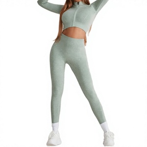 Leggings de sport respirants à manches longues, fermeture éclair intégrale, sans couture frontale, effet push-up, pour la gym et le fitness (vente en gros) - Product Image 1