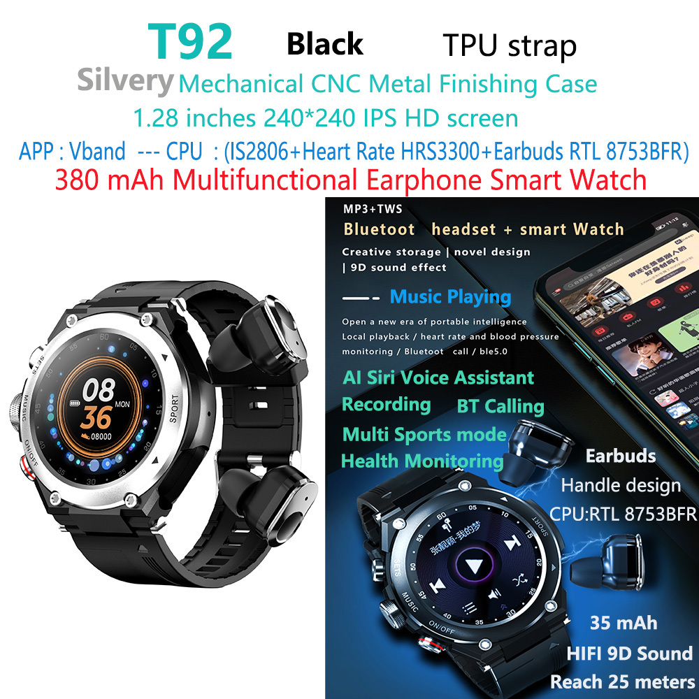 Reloj inteligente con auriculares T92-tws plateados