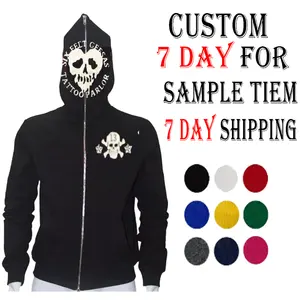 Custom men's black high quality heavyweight full face zip hoodie embroidery hood jacket 100% cotton new full zip up hoodie