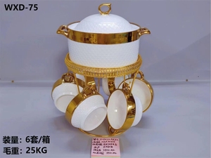 Juego de cuencos de sopa de cerámica chapados en oro en relieve Juego de sopera de sopa de porcelana con soporte de metal - Product Image 4