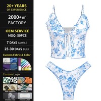 Ensemble Tankini Bleu Floral Sexy Personnalisé avec Volants et Nœud sur le Devant, Bikini Triangle Deux Pièces Coquin, Maillot de Bain, Tenue de Plage OEM ODM