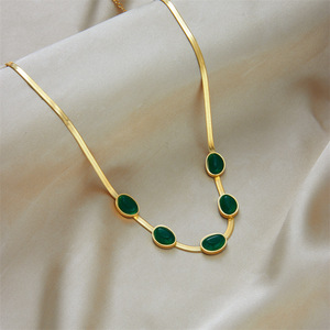 Emerald Snake Chain Jewelry <b>Set</b> Women's Clavicle Necklace <b>Bracelet</b> Bezel Setting Everyday Wear Gold Tone Fine Jewelry - Product Image 3