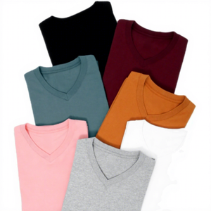 Camiseta de Punto de Manga Corta con Cuello en V para Hombre, Color Sólido, Informal, en Negro, Gris, Blanco, Rosa, Verde Azulado, Granate y Naranja - Product Image 1