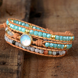 Fashion Wrap <b>Bracelet</b> Multi Layer Opal Crystal Beaded Cowhide Rope Braided Jewelry Gift For Women <b>Boho</b> Style - Product Image 2