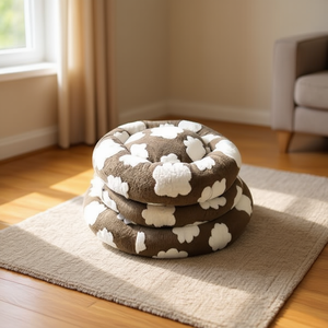 Set di Tre Pezzi per Cuccia Rotonda in Velluto di Cotone Jacquard Marrone per Animali Domestici, Letti Premium per Animali - Product Image 3