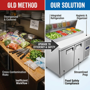 Station de préparation professionnelle tout-en-un réfrigérée avec comptoir pour salades, sandwichs et pizzas, avec bacs GN amovibles et roulettes - Product Image 3