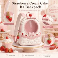 Sac à dos Ita personnalisé, motif gâteau à la crème fraise mignon, matelassé texture crème, clouté de perles, nœud rose, fenêtre transparente ronde, style Kawaii
