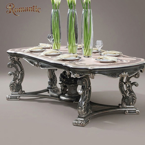 Set da Pranzo Classico di Lusso in Argento Anticato, Tavolo Ovale in Legno Intagliato Turco con Base a Piedistallo per Arredamento di Hotel e Palazzi - Product Image 2