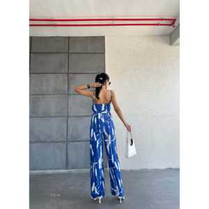 Blue White Patterned V-Neck Strappy <b>Jumpsuit</b> <b>Women</b> High Waist <b>Casual</b> Chiffon Sleeveless Breathable Street Wear - Product Image 3