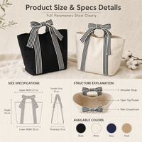 Bolso Tote con Lazo Coqueto, Bolso de Hombro de Lona a Rayas Blancas y Negras, Estilo Francés Estético, para Mujeres y Adolescentes, Ideal para Regalo
