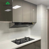 TUZHI Cuisine modulaire en bois brun laqué gris brillant, prête à assembler (RTA), avec plan de travail en quartz et robinet