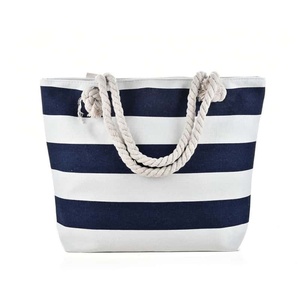Striped Canvas Tote Bag Navy White Rope Handle <b>Waterproof</b> Travel Bag Unisex Preppy Style Bulk - Product Image 1