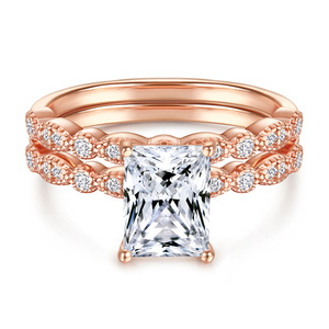 Bague de mariage pour femme 925, coupe Radine, ensemble deux-en-un, tendance, rectangulaire, géométrique, argent, cuivre, or 18 carats, coupe princesse - Product Image 3