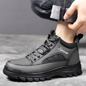 Bottes d'hiver pour hommes en cuir véritable, hauteur cheville, bout rond, doublure en peluche, semelle extérieure antidérapante en caoutchouc, semelle intermédiaire en EVA, chaudes pour l'extérieur - Product Image 2