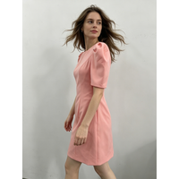 Robe rose à manches bouffantes avec col et boutons sur le devant, longueur genou, printemps-été pour femmes