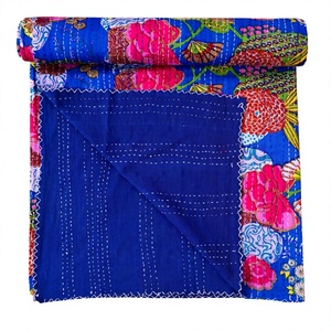 <b>Indian</b> Handmade Vintage Eco-Friendly All-Season Embroidered Reversible Double Size Organic 100% Cotton Kantha <b>Quilt</b> for Hotel - Product Image 1