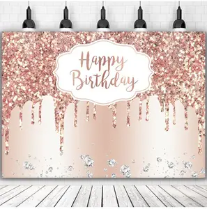Pink Rose Golden Birthday Backdrop Glitter Diamonds Happy Birthday Background Party Decorations Cake Table Banner Supplies
