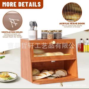 Wooden Bread <b>Storage</b> Box Double Layer <b>Kitchen</b> Countertop Organizer With Condiment <b>Jars</b> And Cutlery Holder - Product Image 2