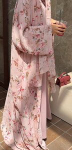Cardigan en mousseline de soie douce, style ouvert, avec hijab assorti, imprimé Bloom Dubai Kaftan kimono, Abaya - Product Image 3