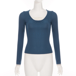 Early autumn Korean pure desire lace trim spliced ruched slim top vintage fashion versatile basic layering <b>shirt</b> for women - Product Image 6
