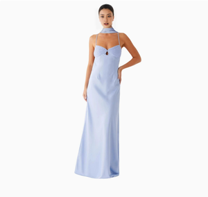 Robe jaune et bleue sans manches, col choker, coupe fourreau ajustée, bretelles spaghetti, couleur unie, élégante pour soirée d'été - Product Image 4
