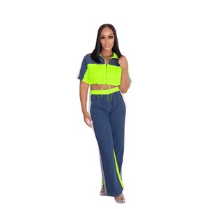 Conjunto de Calças de Jeans com Detalhes em Denim e Zíper, Top com Gola, Calças de Perna Larga, Conjunto <span class=keywords><strong>Casual</strong></span> Feminino - Product Image 5