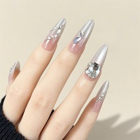 Ongles à presser personnalisés en forme de papillon français avec strass, longs, elliptiques, dégradé rose et blanc, pailletés, réutilisables, en gel souple, pour doigts, en ABS