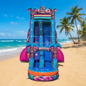 Toboggan aquatique gonflable géant personnalisé Hibiscus Hawaïen en PVC double piste avec piscine pour location événementielle extérieure - Product Image 4