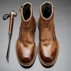 รองเท้าบูทสั้นผู้ชายหนังแท้ทรงหุ้มข้อ พื้นหนา ทรงหัวมน สไตล์มอเตอร์ไซค์ รุ่นใหม่ ขายดี - Product Image 1