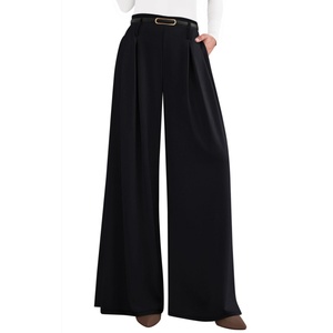 Women's 100% Polyester Breathable High-Waisted Pants Business Casual Office <strong>Trousers</strong> Wide Leg Pant <strong>Elastic</strong> <strong>Waist</strong> <strong>Work</strong> Pants - Product Image 1