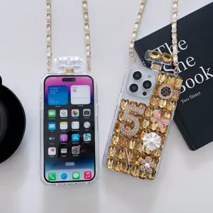 Luxury Designer Brand 3D Motion Perfume Bottle Bling Glitter Diamond Phone Case For iPhone 15 Perfume Case with Sling Lanyard
