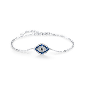 S925 Silver Chain <b>Bracelet</b> With Blue Crystal style Eye Rhodium Plated Classic Unisex Everyday Wear Jewelry - Product Image 1