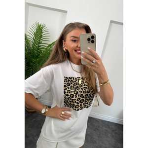 เสื้อยืดสีขาวลายเสือดาวสำหรับผู้หญิง Fiori แบบพิมพ์ลายด้วยความร้อน แขนปกติ ผ้าฝ้ายเจอร์ซีย์ 100% ทรงพอดีตัว - Product Image 2