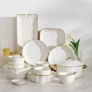 White Gold Design China Fine Plate Set Nordic Gift Kitchen Home Wedding Restaurant Party Ceramic Dinnerware Set