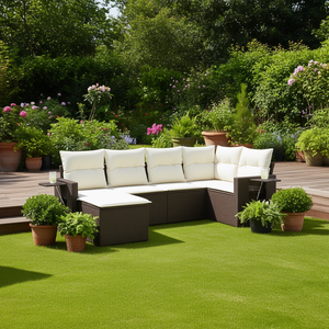 Ensemble de canapés de jardin en rotin brun avec coussins crème, mobilier d'extérieur, design contemporain, résistant à l'eau - Product Image 2