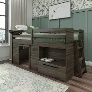 आधुनिक फार्महाउस कम मचान बिस्तर जुड़वां बिस्तर फ्रेम 2 उम्दा सफेद धोने के साथ बच्चों के लिए लकड़ी के लिए मंच बिस्तर बेडरूम बच्चों के फर्नीचर