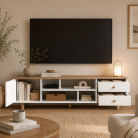 Meuble TV contemporain avec plateau en bois et rangement dissimulé