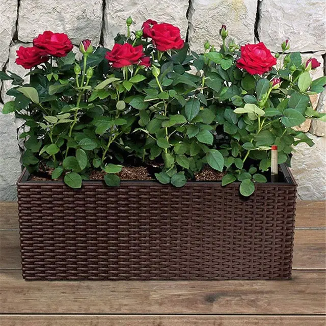 Rattan Style Rectangular Self Watering Planter Pot Box With Drainage Hole