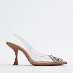 Transparent PVC Slingback Heels Nude Pointed Toe Sparkling Rhinestone <b>Buckle</b> Evening Footwear - Product Image 3
