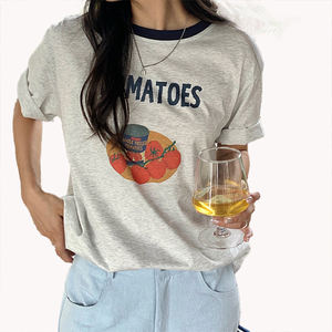 Camiseta Corta de Cuello Redondo con Bloques de Color Estilo Coreano, Estampado de Tomate, Personalizable, Manga Corta para Mujer - Product Image 4