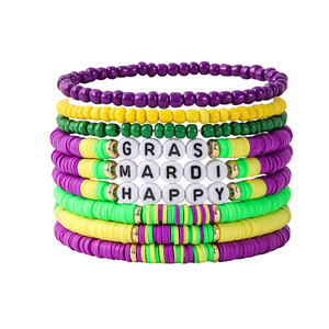Mardi Gras Bracelet <b>Set</b> Polymer <b>Clay</b> Letter Beads Multi Layered Colorful Jewelry Gift Unisex Party Accessory - Product Image 1
