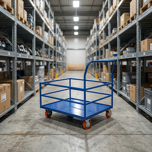Chariot à plateforme en acier bleu avec quatre roues, structure industrielle durable avec revêtement en poudre - Product Image 3
