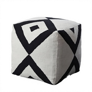 Scandinavian Design Abstract Geometric Pattern Cotton/<b>Wool</b>/Polyester Rectangle Shape Handcrafted Multi-Functional Pouf Ottoman - Product Image 1