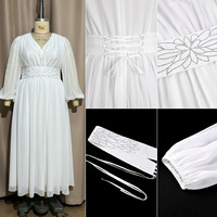 ADR060379 Robes de soirée tendance grandes tailles, col en V, manches lanternes, robe en mousseline de soie blanche, robes longues pour femmes, robes de soirée
