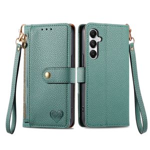 Funda con tapa tipo billetera con diseño de corazón para <span class=keywords><strong>Samsung</strong></span> A35 A55 con cuerda, para iPhone 15 Promax Funda de cuero con cremallera con ranuras para tarjetas - Product Image 4