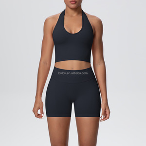 Ensemble de soutien-gorge et short de sport sans couture pour femme, 2 pièces, compression, dos froncé, respirant, imprimé, en spandex - Product Image 1